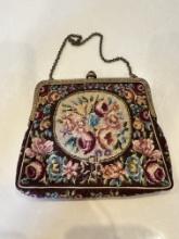 Antique Austrian Petit Point Floral Purse with Ornate Clasp