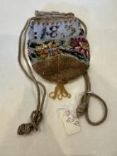 Victorian Micro Beaded Floral Coin Purse with Wrist Cord