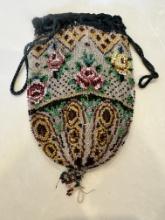 Victorian Micro Beaded Floral Coin Purse with Wrist Cord