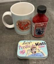 I Love Lucy Coffee Cup Mug - Predic-A-Mints Metal & Vitameatavegamin Bottle Collectible