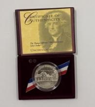 1993 The Thomas Jefferson 250th Anniversary Silver Dollar Coin - Uncirculated with Certificate