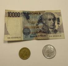 10,000 Lire Banknote and Two Italian Coins – Collectible Italian Currency Set
