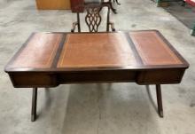 Mid-Century Wooden Writing Desk with Leather Inlay and Carved Armchair – Antique Set