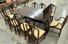 Classic Style Wooden Dining Set with Double Tripod Pedestal Base – 10 Chairs, Cushioned Seats