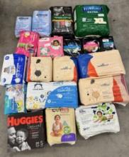 Lot of Baby and Adult Diapers – Assorted Brands and Sizes