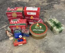 Lot of Christmas Lights, Holiday Lamps, Metal Candy Tin, and Christmas Decorations
