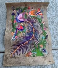 Collectible Mexican Folk Art Amate Bark Painting – Bird, Peacock & Flower Motifs