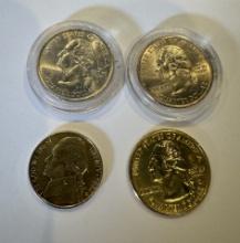 Set of Washington Quarter Half Dollar Coins and One 5 Cents Jefferson Nickel Coin
