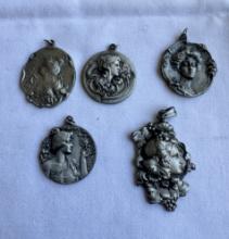 Set of 5 Pewter Art Nouveau Ladies Profile Cameo Pendants