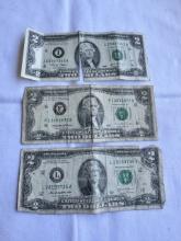 Set of 3 United States Two Dollar Notes – 1995, 2003 & 2013 – Green Seal