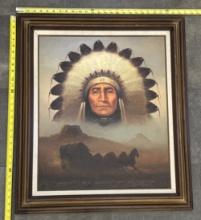 Vintage Native American Indian Painting in Wooden Frame – Wall Decor