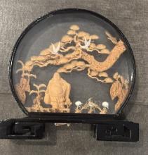 Vintage Asian Cork Diorama Art – Buddha Scene in Glass Display – Micro Wood Carving