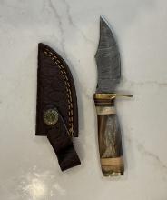 Custom Damascus Tracker Skinner Knife with Leather Sheath