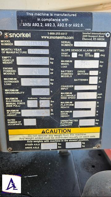 2016 Snorkel Model A46JRT Boom Lift - 46' Max Height - Only 1,016 Hours!