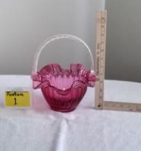 Fenton Victorian Cranberry Art Glass Basket Large Ribbed