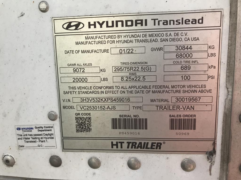 2023 HYUNDAI TRANSLEAD 53' VAN TRAILER. VIN: 3H3V532KXPS459016.