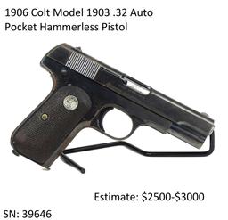 1906 Colt Model 1903 .32 Auto Hammerless Pistol