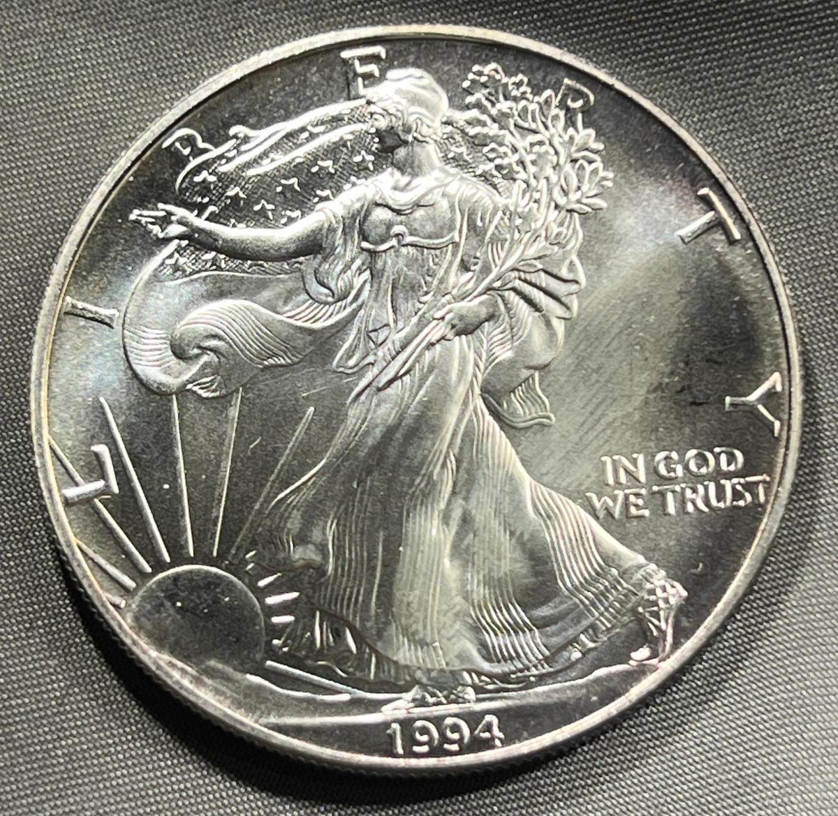 1994 US Silver Eagle Dollar Coin, .999 Fine Silver