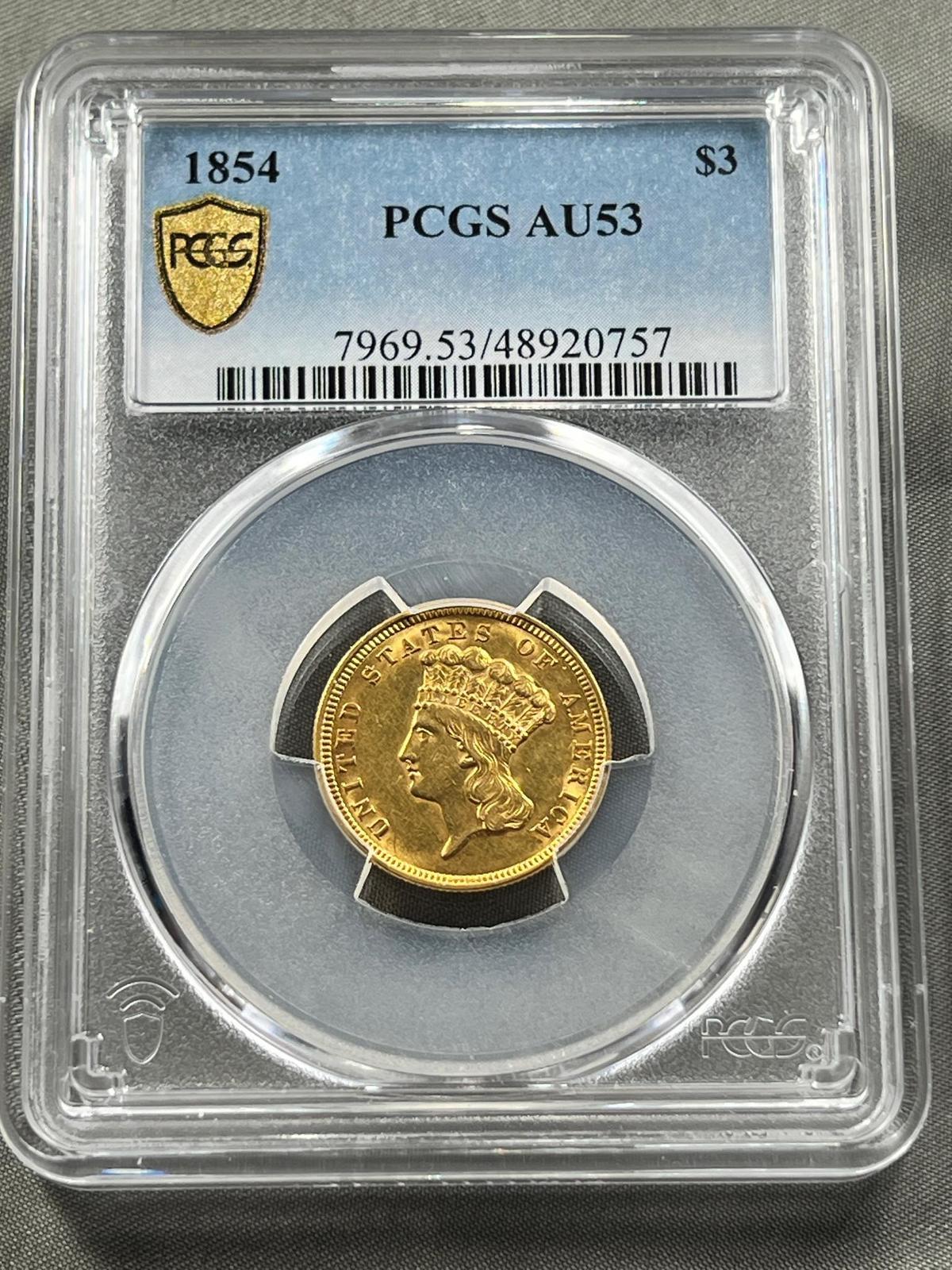 L@@K 1854 Princess Head $3.00 Gold Coin in PCGS AU53 holder