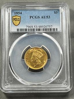 L@@K 1854 Princess Head $3.00 Gold Coin in PCGS AU53 holder