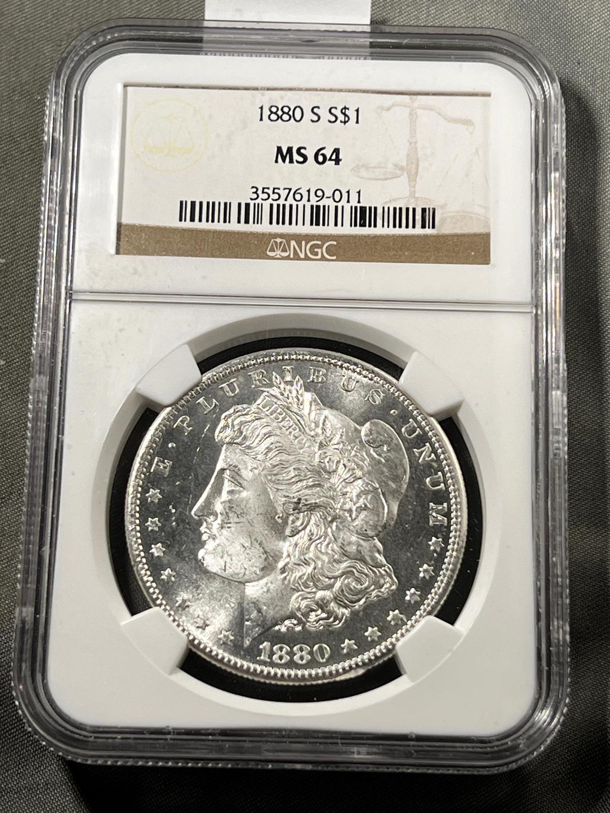 1880-S Morgan Silver Dollar in NGC MS64 Holder