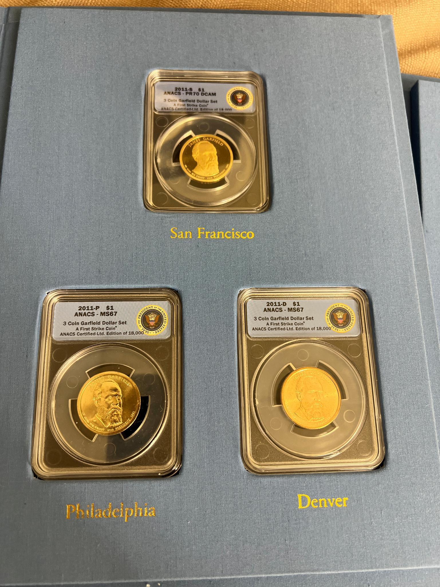 2011 Presidential Dollar set, includes each example in ANACS holders, Grant is. unopened, 12 coins