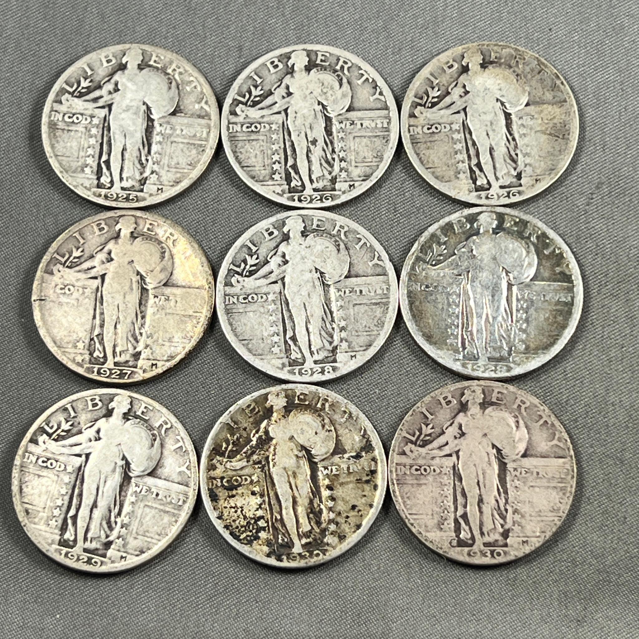 COLLECTION STARTER of 9- Standing Liberty Quarters, 1925, 26, 26S, 27, 28, 28S, 29, 30 and 1930S