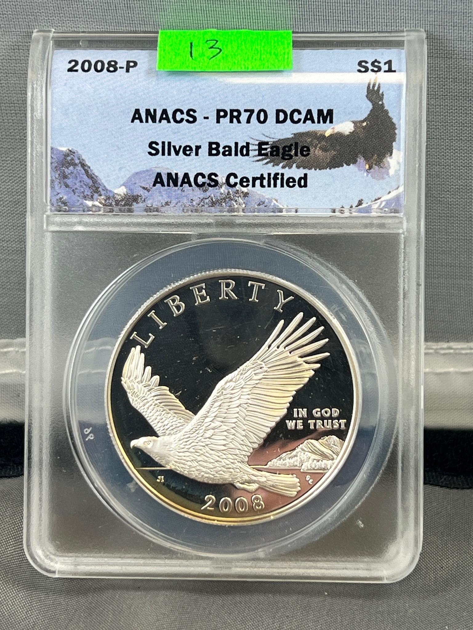 2008-P Silver Bald Eagle DOllar, PR70 DCAM in Anacs Holder