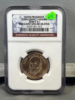 2008P John Quincy Adams Presidential Dollar in Brilliant UNC NGC holder