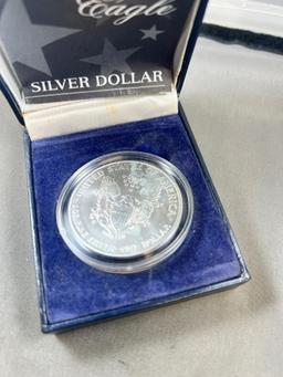 Painted 1999 US Silver Eagle coin in presentation box, .999 silver