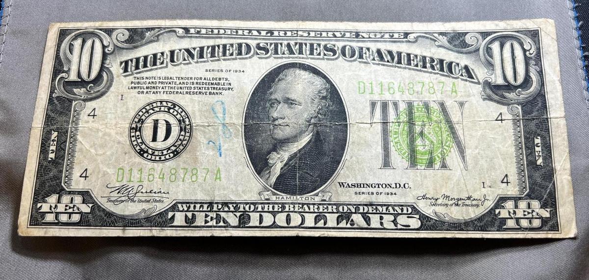1934 Green Seal $10.00 US Federal Reserve Note