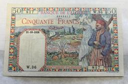 1938 Algeria 50 Franc banknote, AU