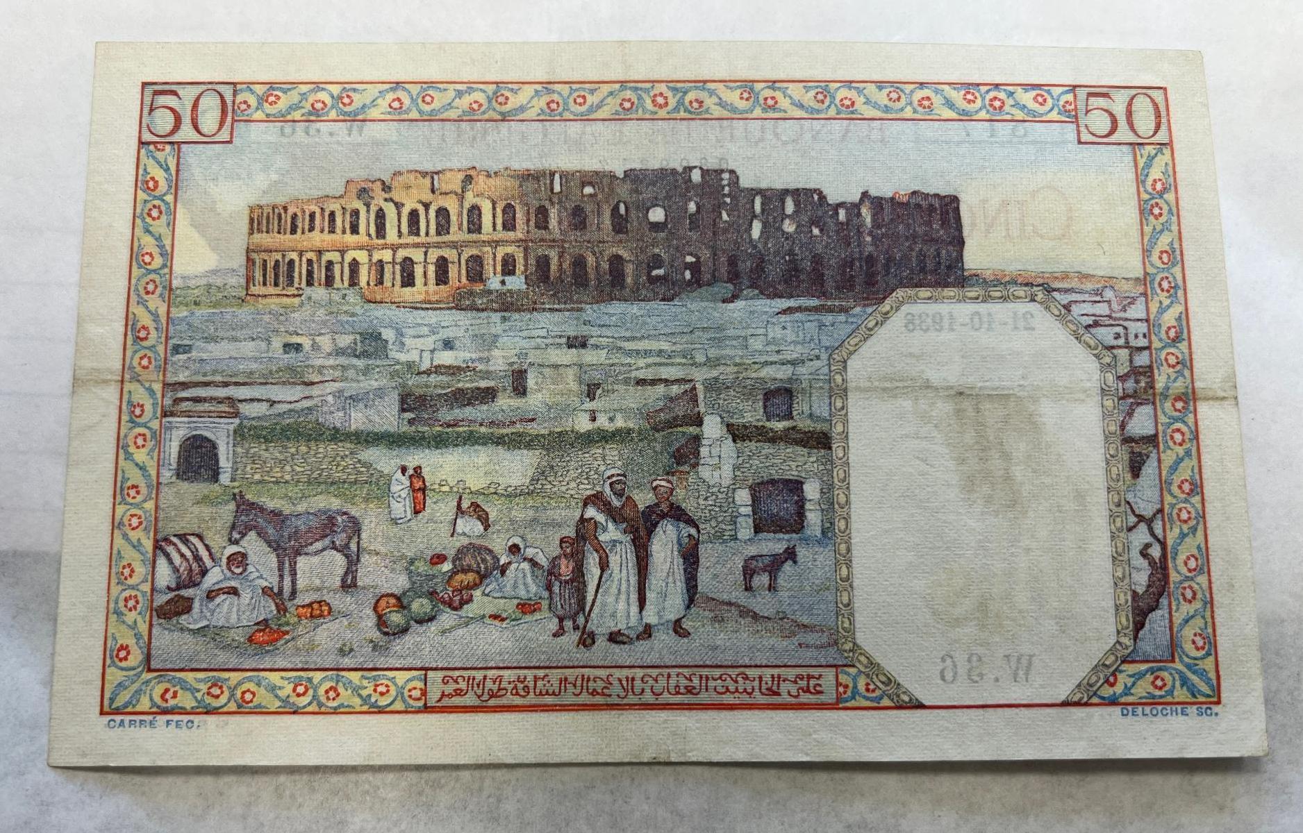 1938 Algeria 50 Franc banknote, AU