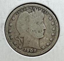 1908-O Barber Quarter Dollar, 90% Silver