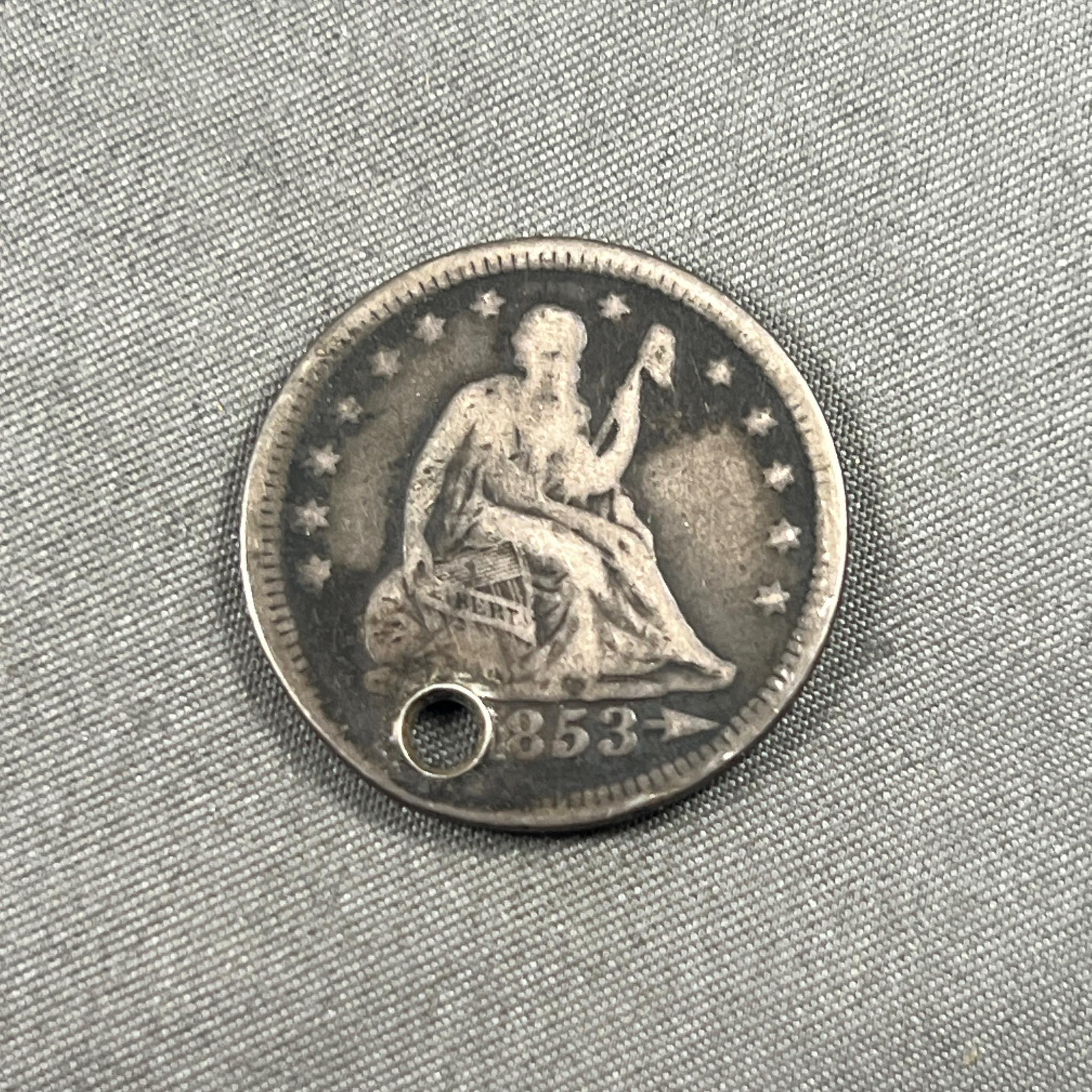 1853 Seated Liberty Quarter Dollar, Holed