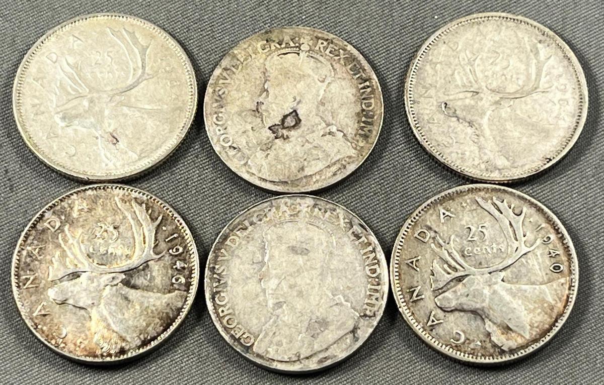6- Silver Canadian Quarters, 2 are sterling silver
