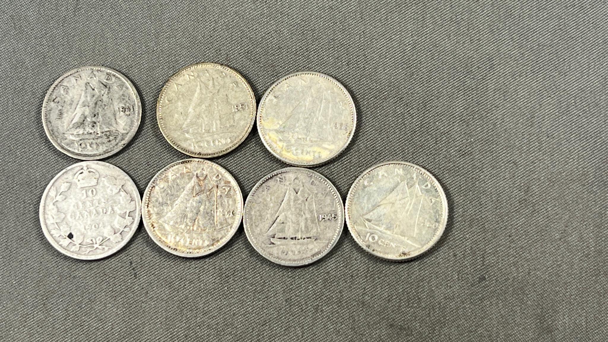 7- Silver Canadian dimes, one is sterling