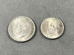 2- Foreign Silver Coins, 1944 Six Pence and 1944 50 Centavos