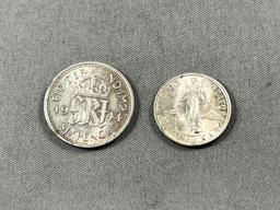 2- Foreign Silver Coins, 1944 Six Pence and 1944 50 Centavos