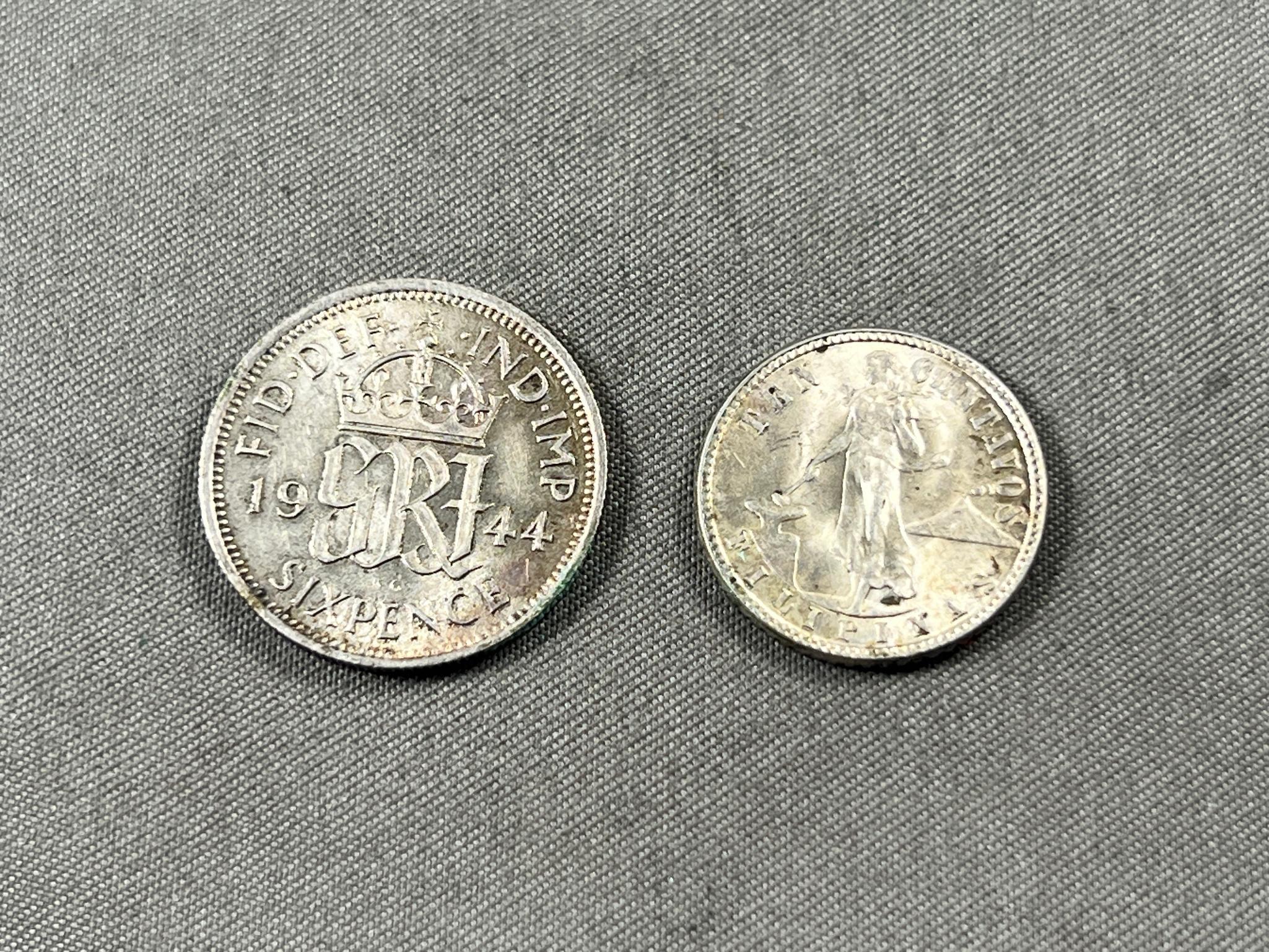 2- Foreign Silver Coins, 1944 Six Pence and 1944 50 Centavos