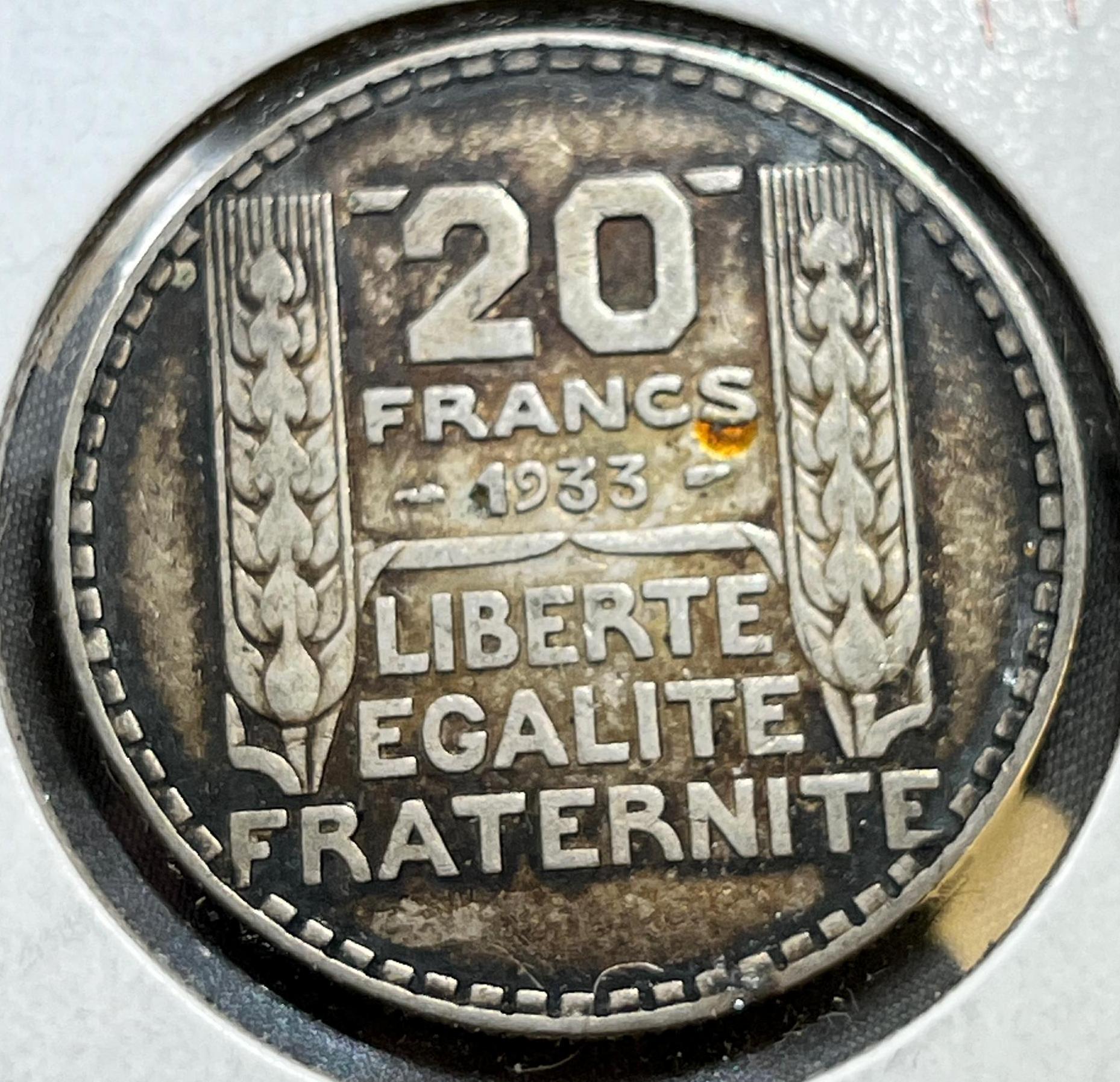 Silver 1933 France 20 Francs Coin