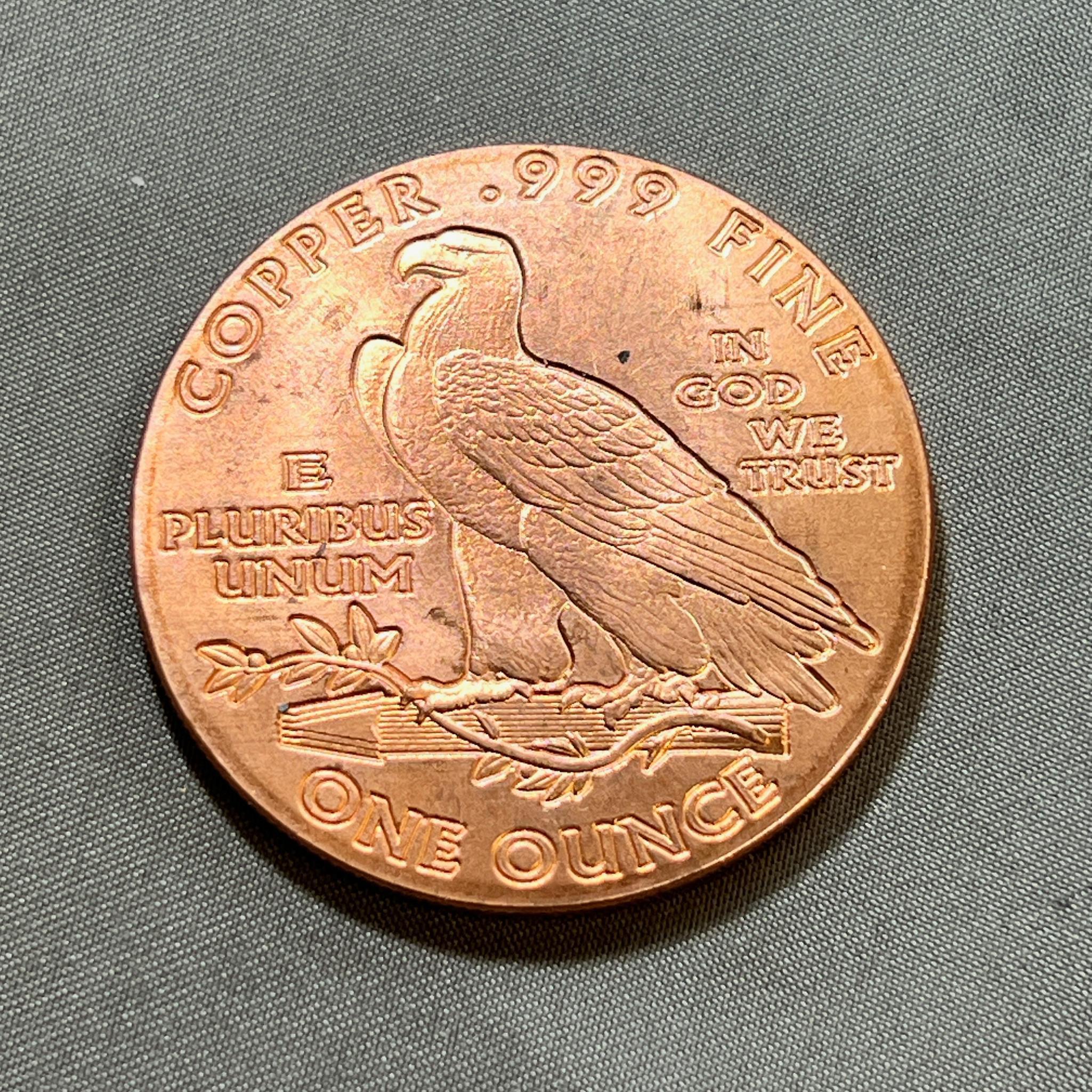 ONE OUNCE .999 COPPER ROUND, MADE IN THE LIKENESS OF A 1911 GOLD PIECE