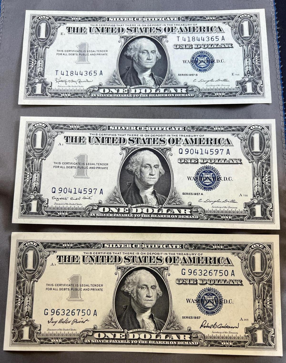 3- 1957 Silver Certificates, 1957, 1957A, 1957B, all UNC