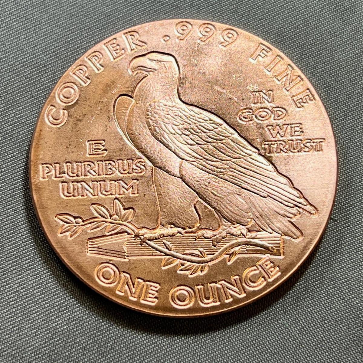 ONE OUNCE .999 COPPER ROUND, MADE IN THE LIKENESS OF A 1911 GOLD PIECE