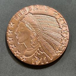 ONE OUNCE .999 COPPER ROUND, MADE IN THE LIKENESS OF A 1911 GOLD PIECE