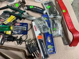 Lot of asst. tools, some unused, Chalk, pry bars, hammers, wrenches and more