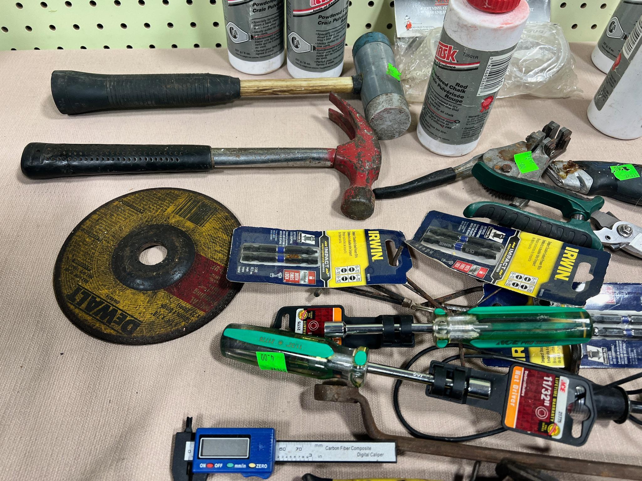 Lot of asst. tools, some unused, Chalk, pry bars, hammers, wrenches and more