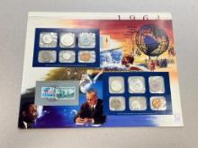 1964 US Mint Set on a Postal Society insert card w/ history lesson back, 2- 90% Silver Half dollars