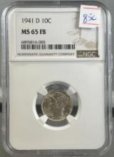 1941-D Mercury Dime, Graded MS65 FB in NGC Holder