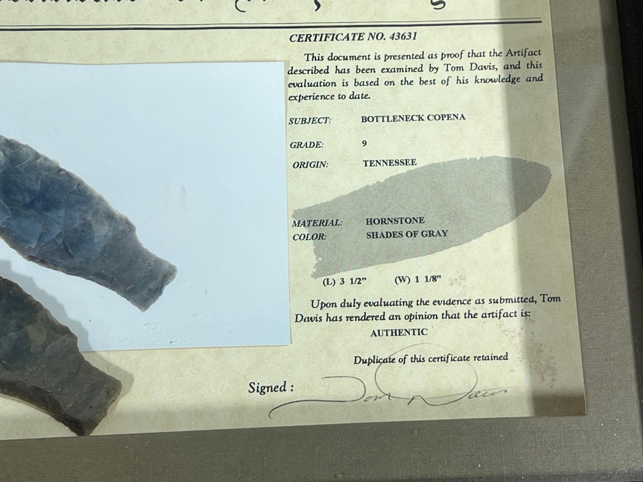 Arrowheads Artifacts Copena w/ Davis COA in frame, great artifact